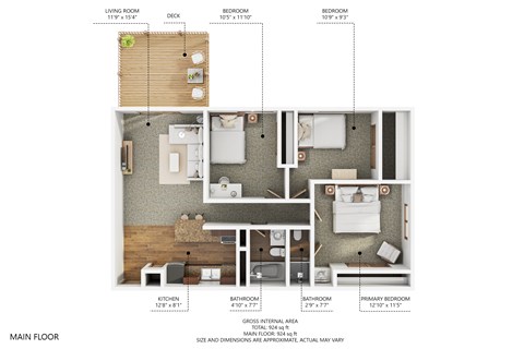 Floor plan for 3 beds, 1.5 baths, 995 sqft